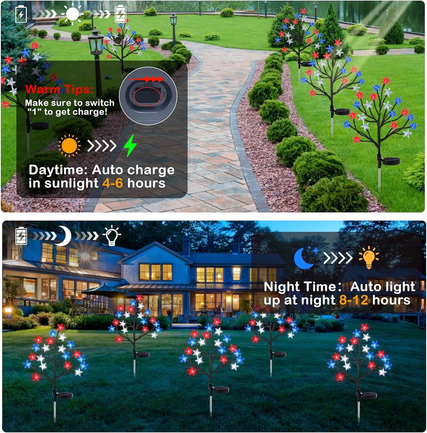 2 Pack 4th of July Star Tree Lights Decorations Outdoor Solar Lights, Fourth of July Red White Blue Solar Lights Outdoor Waterproof, Patriotic Decor for Garden Yard Pathway