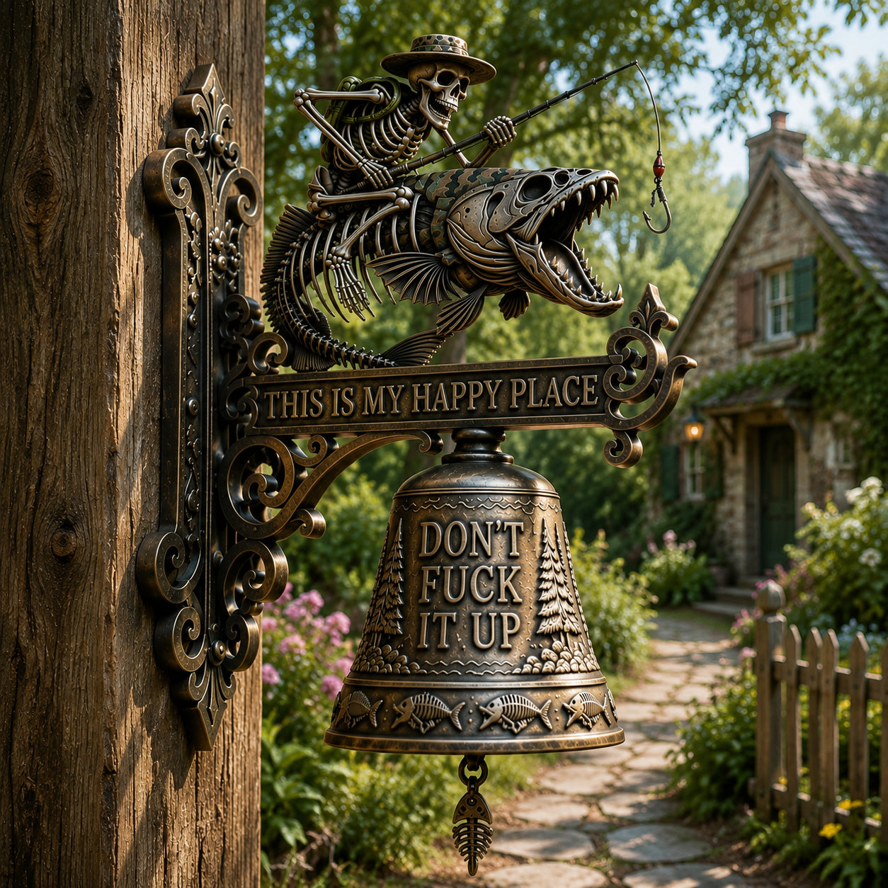 🎣 Metal Skeleton Fisherman Wall Bell – "This Is My Happy Place" Outdoor Décor
