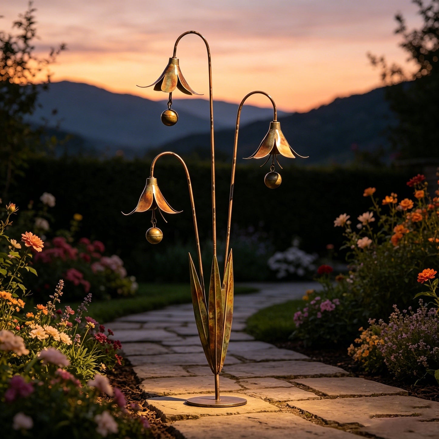 🏡Flamed Copper Three Calla Lilies Garden Stake with Bells