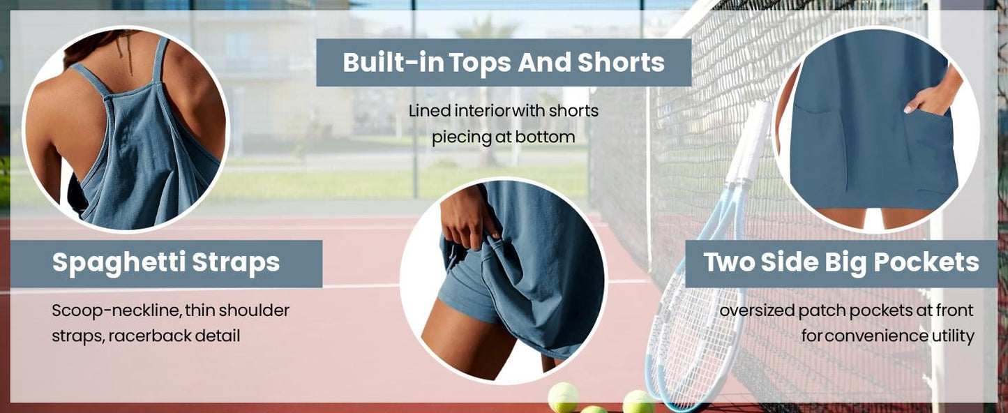 ⚡Hot Sales 50% OFF🔥 Women's Summer Sleeveless Mini Dress with Built-in Shorts V Neck Spaghetti Straps Athletic Shorts Tennis Dress with Pockets