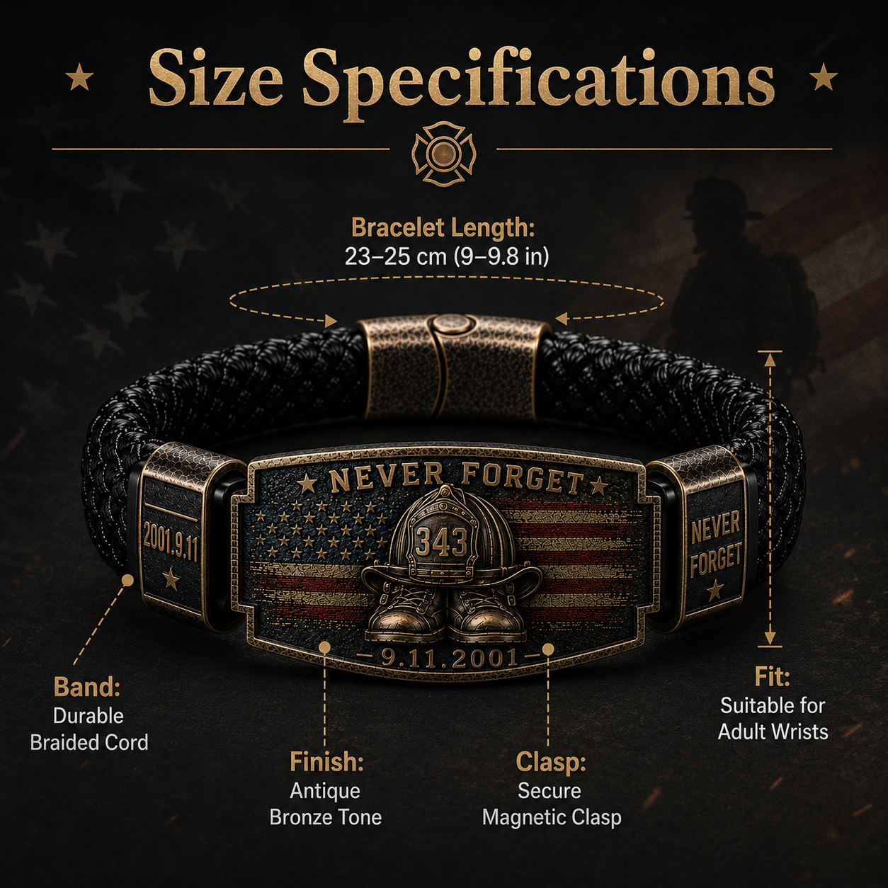 Never Forget 343 Firefighter Memorial Bracelet – Honor. Courage. Sacrifice.