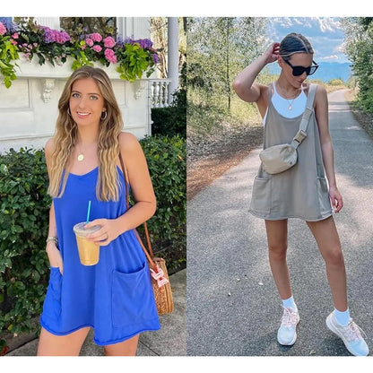 ⚡Hot Sales 50% OFF🔥 Women's Summer Sleeveless Mini Dress with Built-in Shorts V Neck Spaghetti Straps Athletic Shorts Tennis Dress with Pockets
