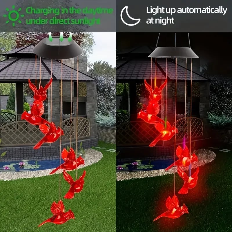 Solar-Powered Cardinal Bird Bell Lights for Garden & Patio-2