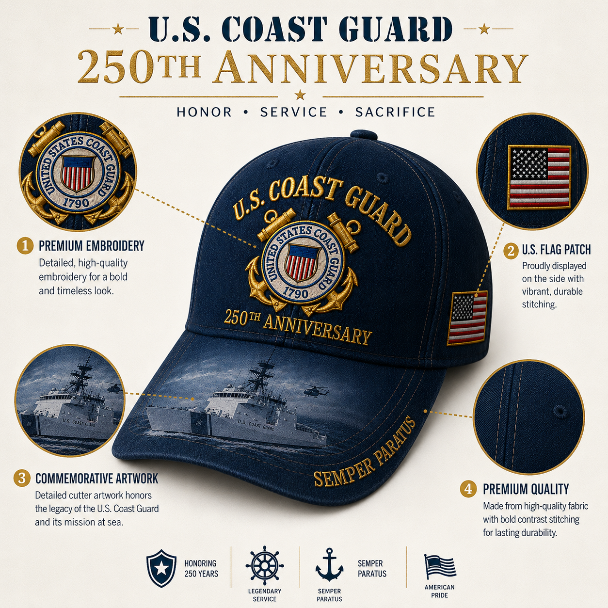 🔥 Father’s Day Sale - ❤️ U.S. Coast Guard America 250th Commemorative Embroidered Cap