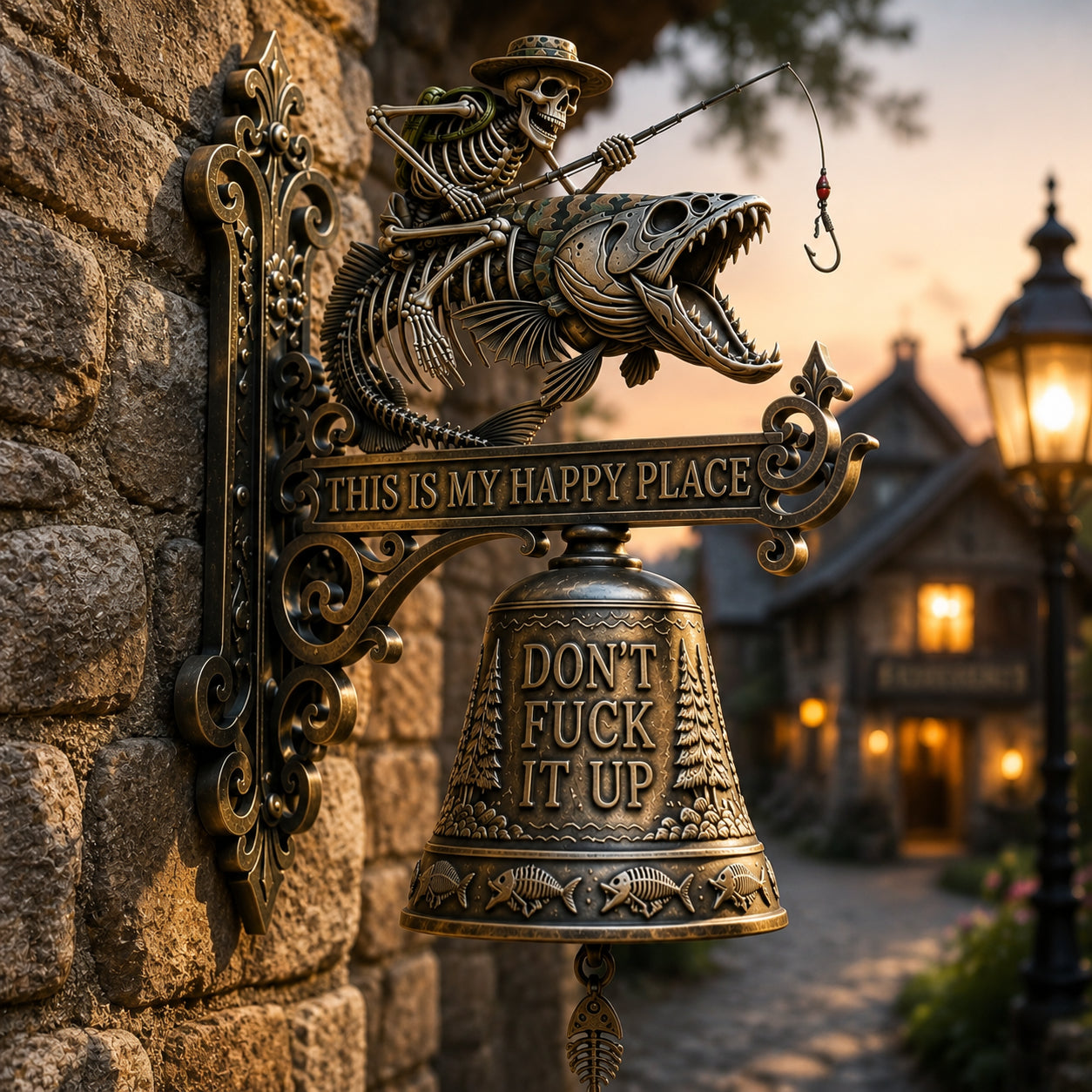 🎣 Metal Skeleton Fisherman Wall Bell – "This Is My Happy Place" Outdoor Décor
