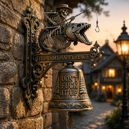🎣 Metal Skeleton Fisherman Wall Bell – "This Is My Happy Place" Outdoor Décor