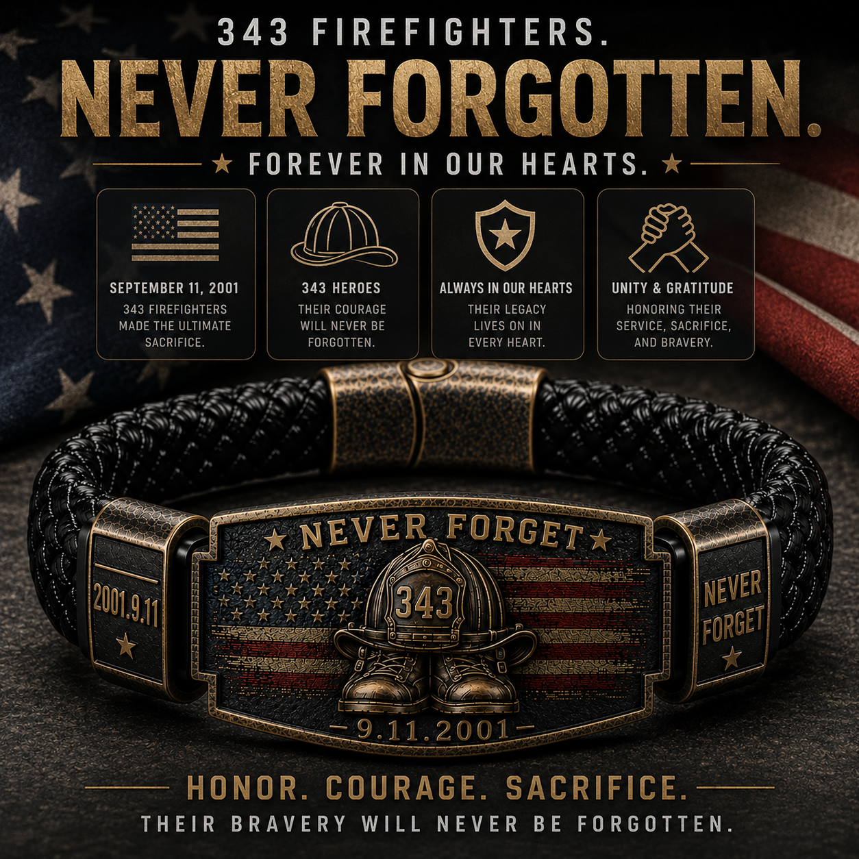 Never Forget 343 Firefighter Memorial Bracelet – Honor. Courage. Sacrifice.