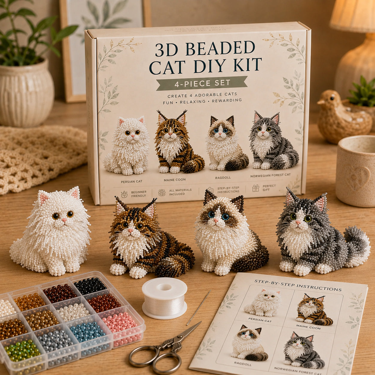3D Beaded Cat DIY Kit – Adorable 4-Piece Handmade Cat Craft Set