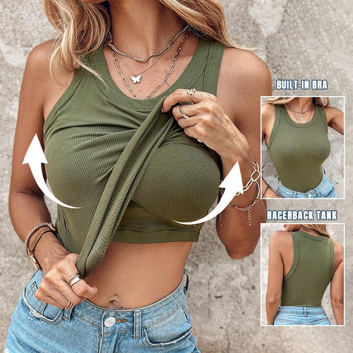 📢🔥 Round Neck Built-in Bra Ribbed Tank Top Fit Casual Comfortable💥