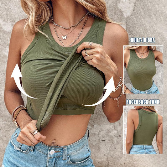 📢🔥 Round Neck Built-in Bra Ribbed Tank Top Fit Casual Comfortable💥