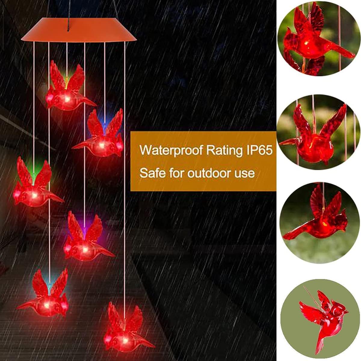 Solar-Powered Cardinal Bird Bell Lights for Garden & Patio-2