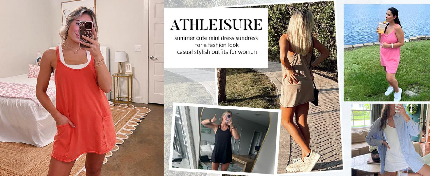 ⚡Hot Sales 50% OFF🔥 Women's Summer Sleeveless Mini Dress with Built-in Shorts V Neck Spaghetti Straps Athletic Shorts Tennis Dress with Pockets