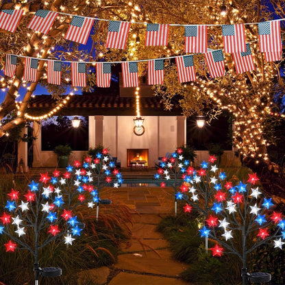 2 Pack 4th of July Star Tree Lights Decorations Outdoor Solar Lights, Fourth of July Red White Blue Solar Lights Outdoor Waterproof, Patriotic Decor for Garden Yard Pathway