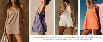 ⚡Hot Sales 50% OFF🔥 Women's Summer Sleeveless Mini Dress with Built-in Shorts V Neck Spaghetti Straps Athletic Shorts Tennis Dress with Pockets