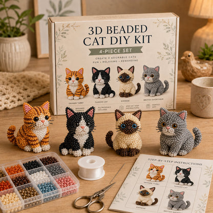 3D Beaded Cat DIY Kit – Adorable 4-Piece Handmade Cat Craft Set