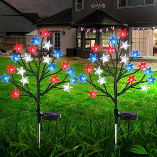 2 Pack 4th of July Star Tree Lights Decorations Outdoor Solar Lights, Fourth of July Red White Blue Solar Lights Outdoor Waterproof, Patriotic Decor for Garden Yard Pathway