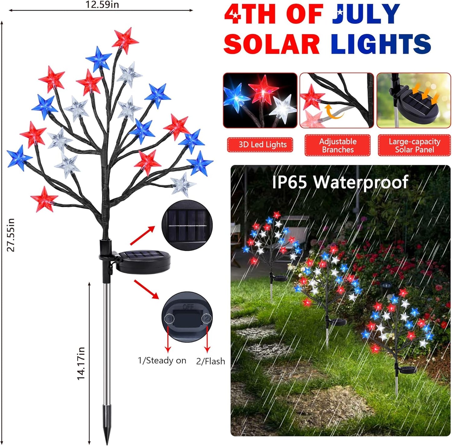 2 Pack 4th of July Star Tree Lights Decorations Outdoor Solar Lights, Fourth of July Red White Blue Solar Lights Outdoor Waterproof, Patriotic Decor for Garden Yard Pathway