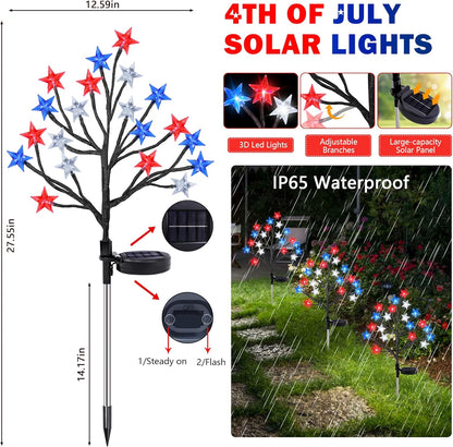 2 Pack 4th of July Star Tree Lights Decorations Outdoor Solar Lights, Fourth of July Red White Blue Solar Lights Outdoor Waterproof, Patriotic Decor for Garden Yard Pathway