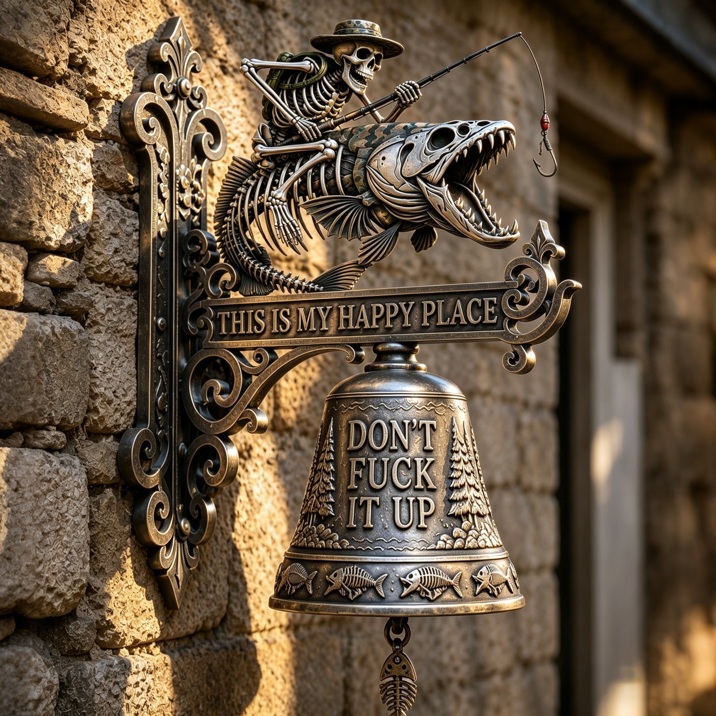 🎣 Metal Skeleton Fisherman Wall Bell – "This Is My Happy Place" Outdoor Décor