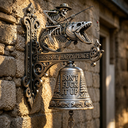 🎣 Metal Skeleton Fisherman Wall Bell – "This Is My Happy Place" Outdoor Décor