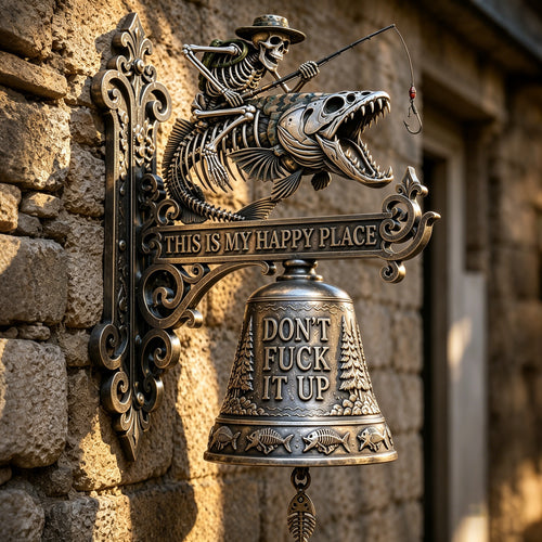 🎣 Metal Skeleton Fisherman Wall Bell – "This Is My Happy Place" Outdoor Décor