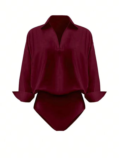 Women's Shirt Bodysuits Tummy Control Long Sleeve Collared Blouse Tops