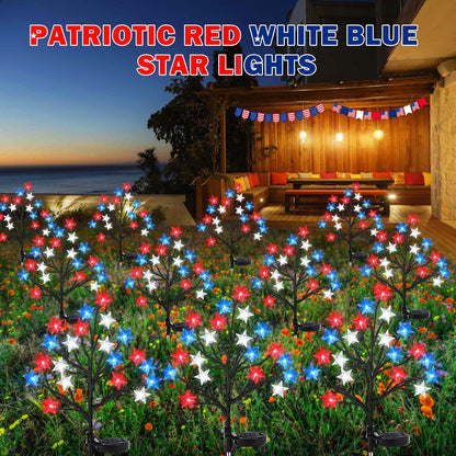 2 Pack 4th of July Star Tree Lights Decorations Outdoor Solar Lights, Fourth of July Red White Blue Solar Lights Outdoor Waterproof, Patriotic Decor for Garden Yard Pathway