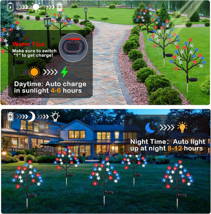 2 Pack 4th of July Star Tree Lights Decorations Outdoor Solar Lights, Fourth of July Red White Blue Solar Lights Outdoor Waterproof, Patriotic Decor for Garden Yard Pathway
