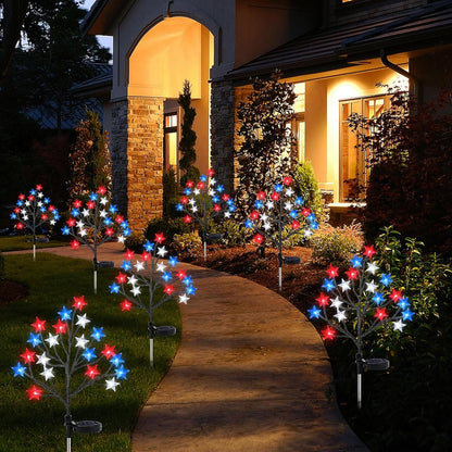 2 Pack 4th of July Star Tree Lights Decorations Outdoor Solar Lights, Fourth of July Red White Blue Solar Lights Outdoor Waterproof, Patriotic Decor for Garden Yard Pathway
