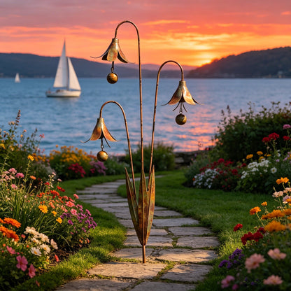 🏡Flamed Copper Three Calla Lilies Garden Stake with Bells
