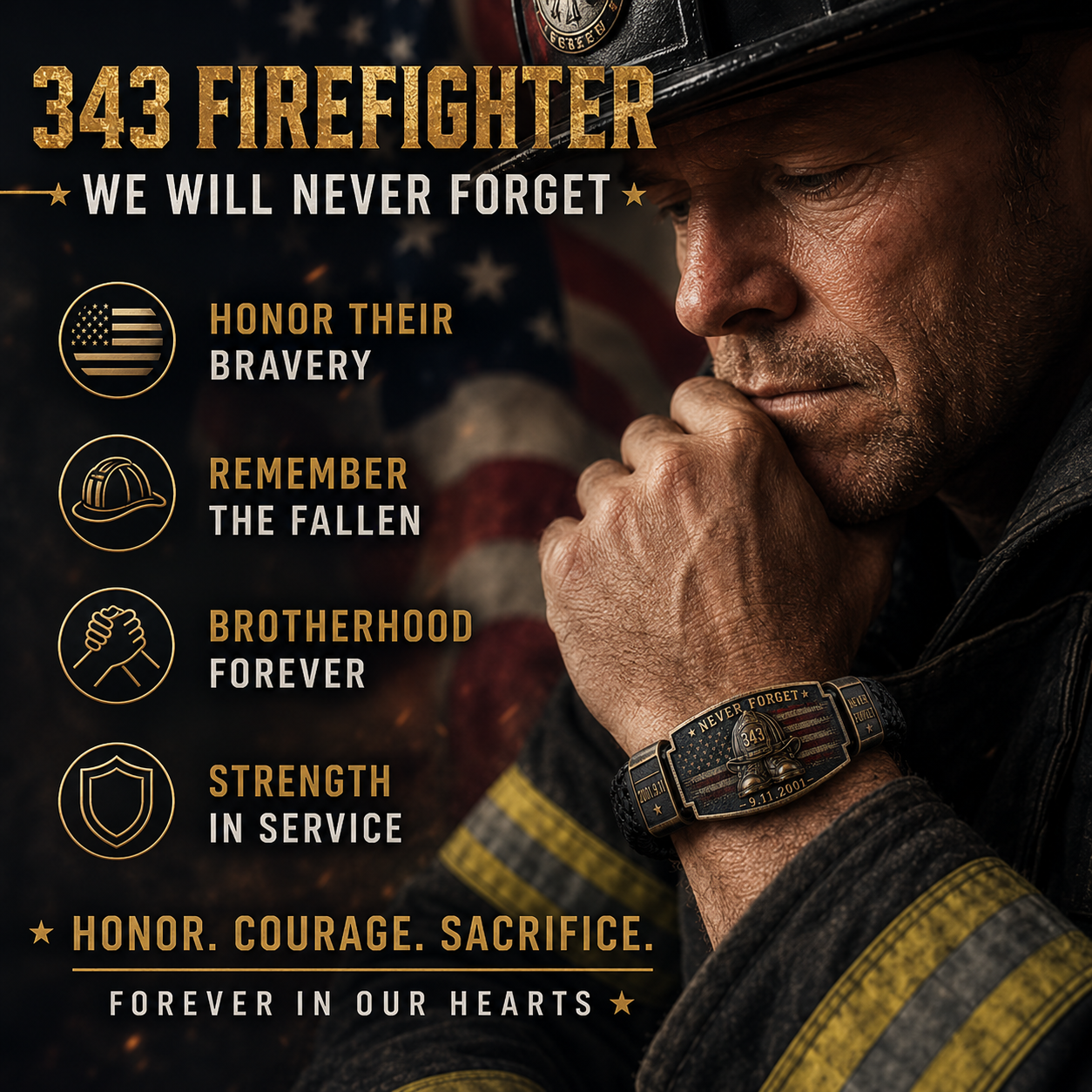 Never Forget 343 Firefighter Memorial Bracelet – Honor. Courage. Sacrifice.
