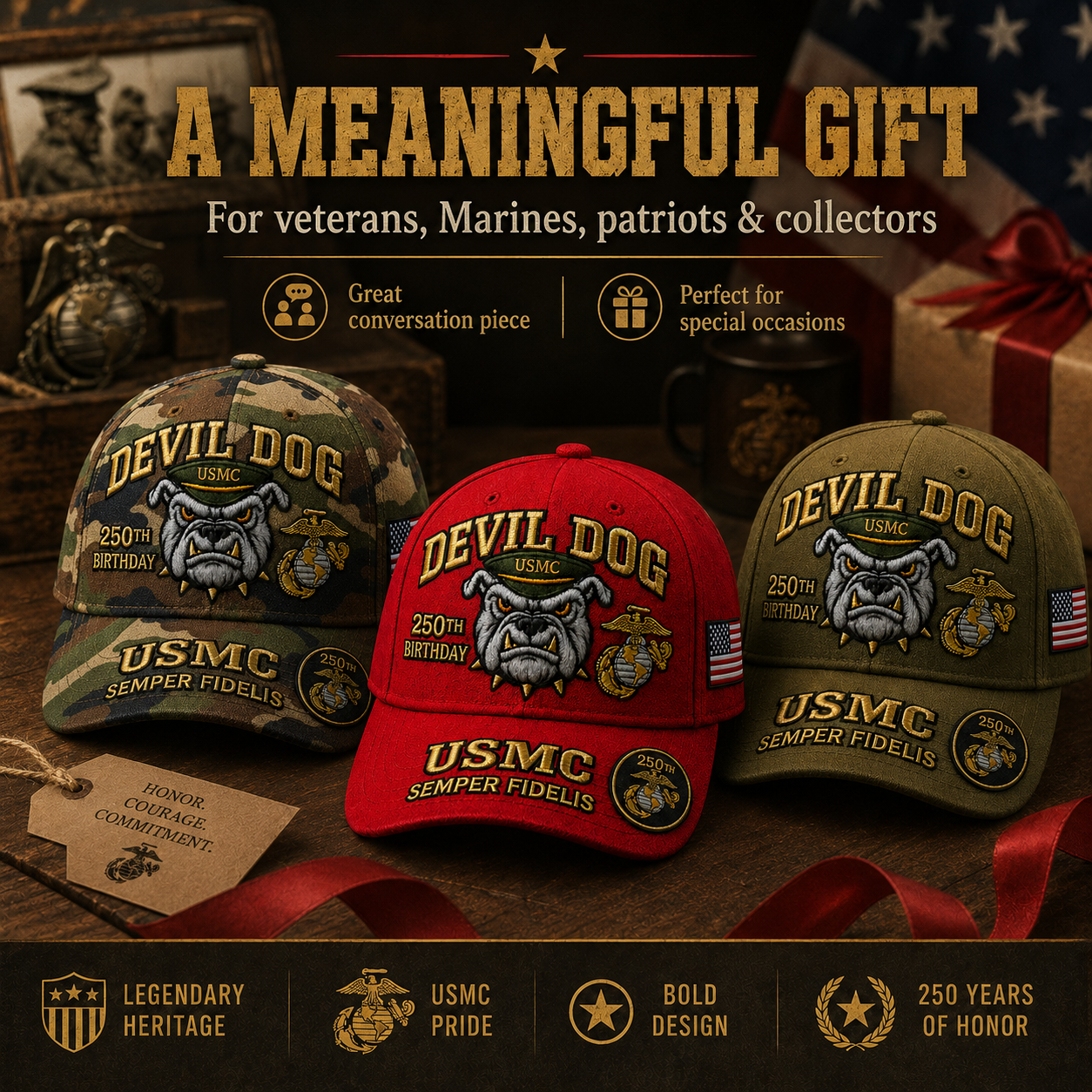 🔥 Father’s Day Sale - ❤️Devil Dog USMC 250th Birthday Commemorative Embroidered Cap 🇺🇸
