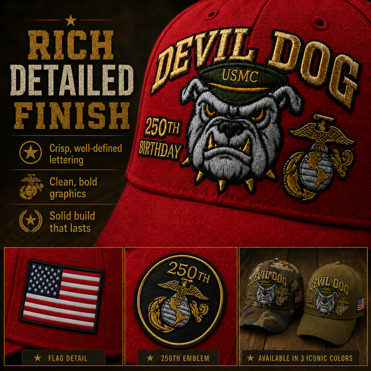 🔥 Father’s Day Sale - ❤️Devil Dog USMC 250th Birthday Commemorative Embroidered Cap 🇺🇸