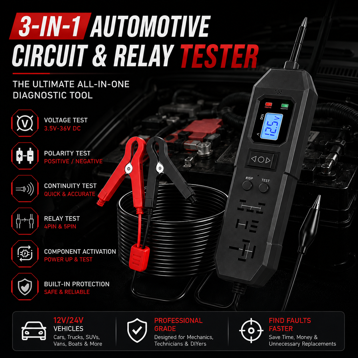 🔧 3-in-1 Automotive Power Circuit Probe & Relay Tester – 12V/24V Electrical Diagnostic Tool