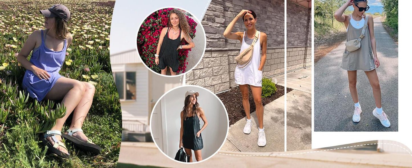⚡Hot Sales 50% OFF🔥 Women's Summer Sleeveless Mini Dress with Built-in Shorts V Neck Spaghetti Straps Athletic Shorts Tennis Dress with Pockets