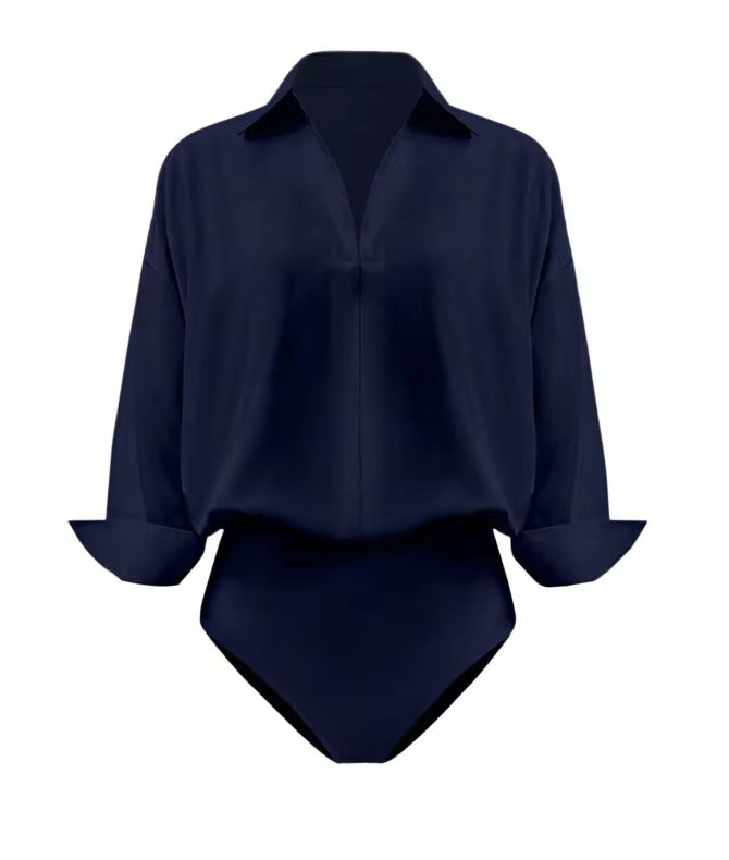 Women's Shirt Bodysuits Tummy Control Long Sleeve Collared Blouse Tops