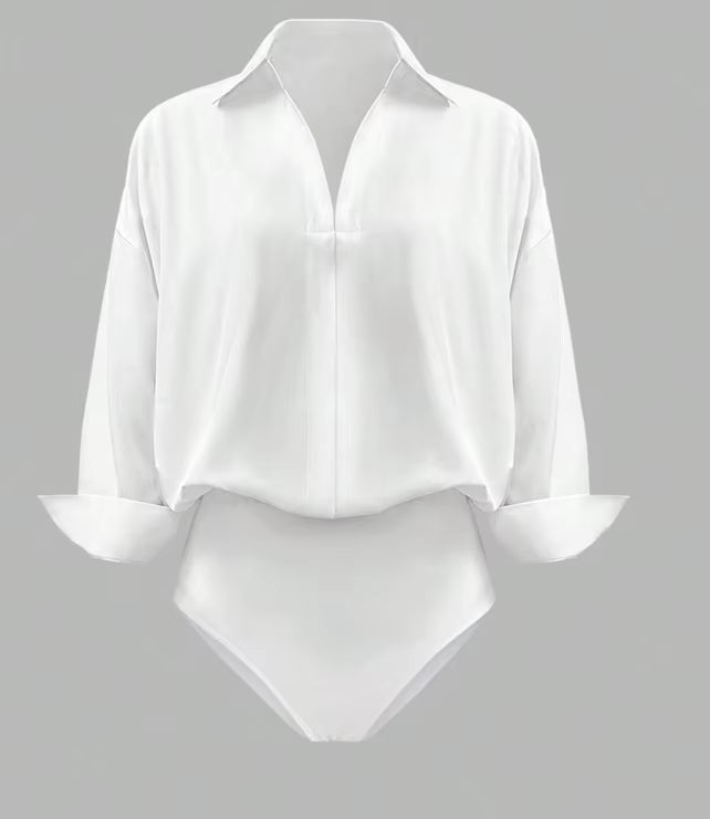 Women's Shirt Bodysuits Tummy Control Long Sleeve Collared Blouse Tops