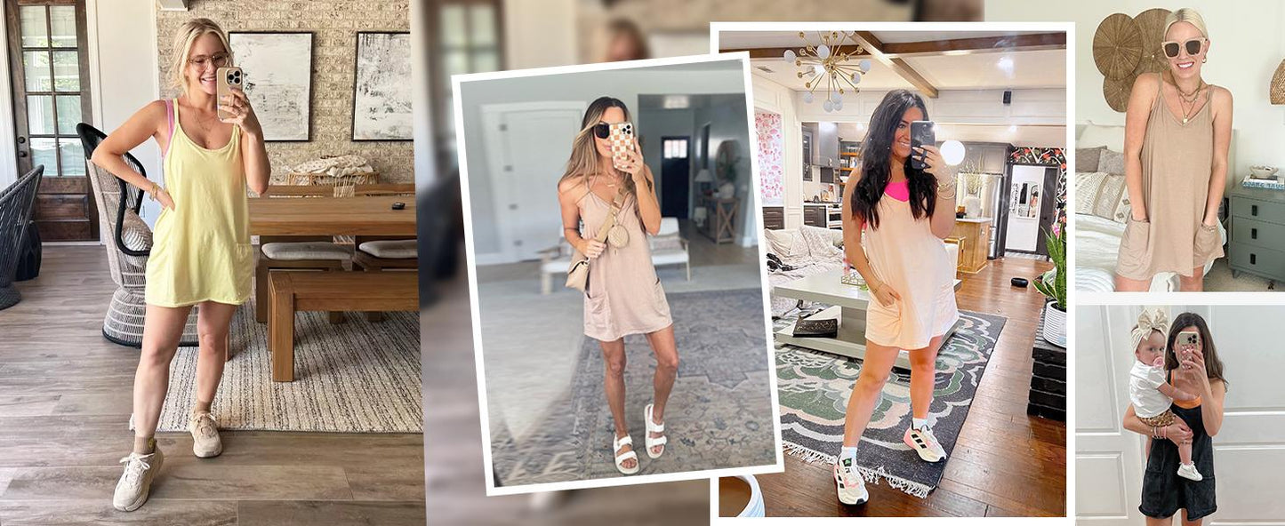 ⚡Hot Sales 50% OFF🔥 Women's Summer Sleeveless Mini Dress with Built-in Shorts V Neck Spaghetti Straps Athletic Shorts Tennis Dress with Pockets
