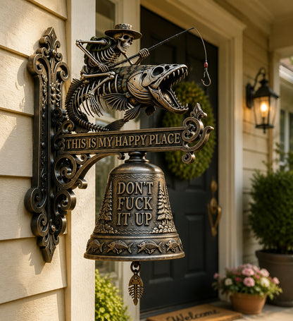 🎣 Metal Skeleton Fisherman Wall Bell – "This Is My Happy Place" Outdoor Décor