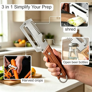 🥕 3-in-1 Vegetable Peeler with Bottle Opener – Julienne & Shredding Tool, Stainless Steel Blade, Wood‑Grip Handle – Must‑Have Kitchen Gadget for Effortless Prep